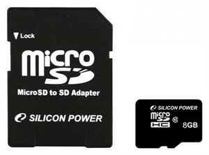 Silicon Power SP008GBSTH010V10-SP microSDHC Memory Card 8Gb Class10 + microSD--> SD Adapter